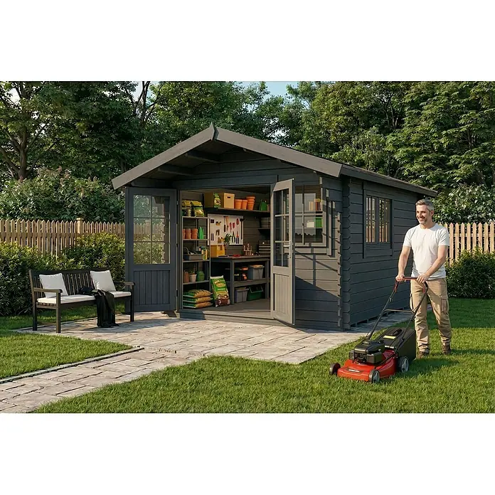 Alpholz Gartenhaus ECO Set Gabriel 300 x 400 cm grau - Außenmaß inkl. Dachüberstand (B x T): 338 x 467 cm, Holz, Grau - Dunkelgraues Gartenhaus aus Holz, voll ausgestattet mit Werkzeugen, in einem sonnigen Garten, wo ein Mann den Rasen mäht.