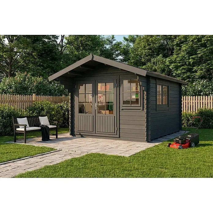 Alpholz Gartenhaus Gabriel 300 x 400 cm - Außenmaß inkl. Dachüberstand (B x T): 338 x 467 cm, Holz, Grau - Dunkelgraues Holzgartenhaus mit Doppeltüren und Fenstern, in einem Garten mit gepflasterter Terrasse und grünem Rasen.
