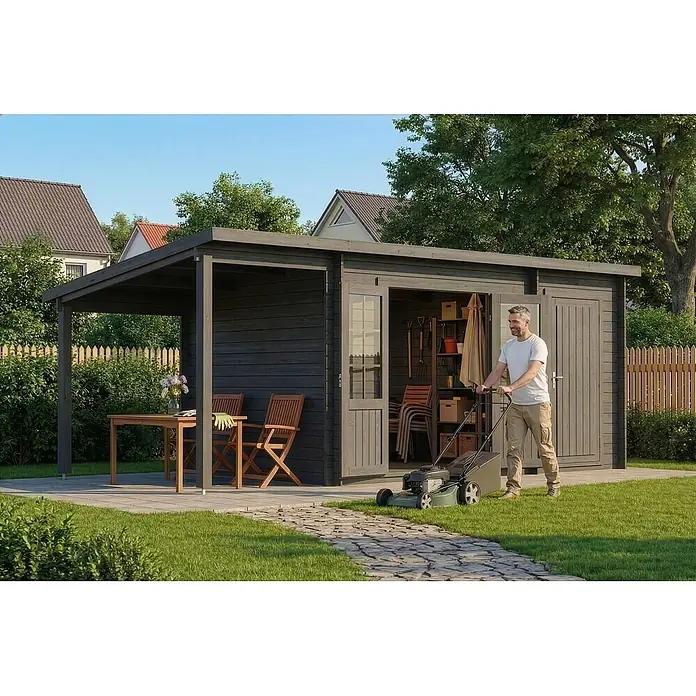 Alpholz Gartenhaus Maria - Außenmaß inkl. Dachüberstand (B x T): 598 x 272 cm, Holz, Grau - Dunkelgraues Holzgartenhaus mit Pergola im Garten. Ein Mann mäht den Rasen, betont Nutzung und Stauraum.