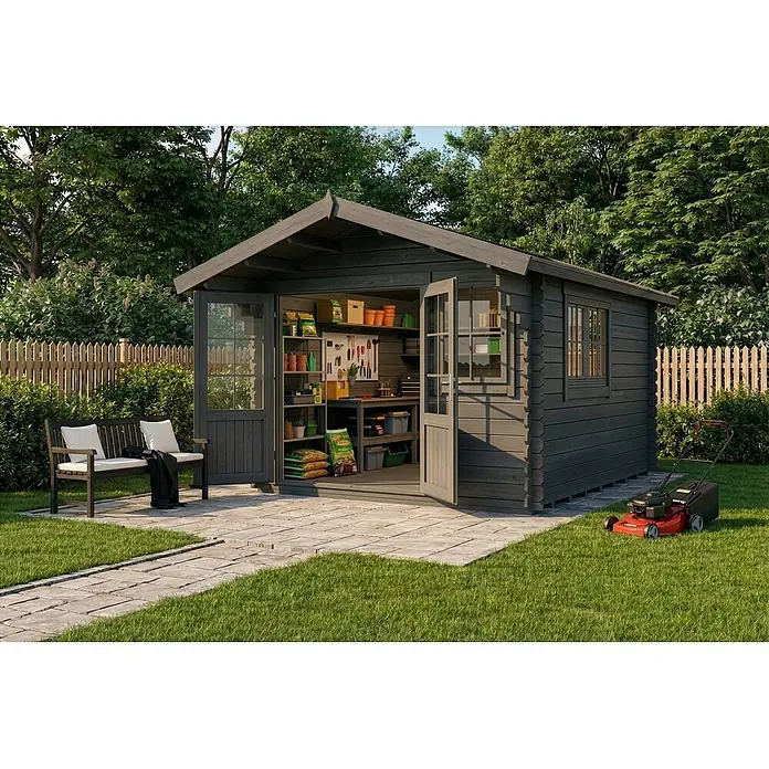 Alpholz Gartenhaus Gabriel 300 x 400 cm - Außenmaß inkl. Dachüberstand (B x T): 338 x 467 cm, Holz, Grau - Dunkelgraues Holzgartenhaus mit offenen Doppeltüren, die Regale voller Gartengeräte und -zubehör zeigen. Eine Gartenbank und ein Rasenmäher stehen daneben.