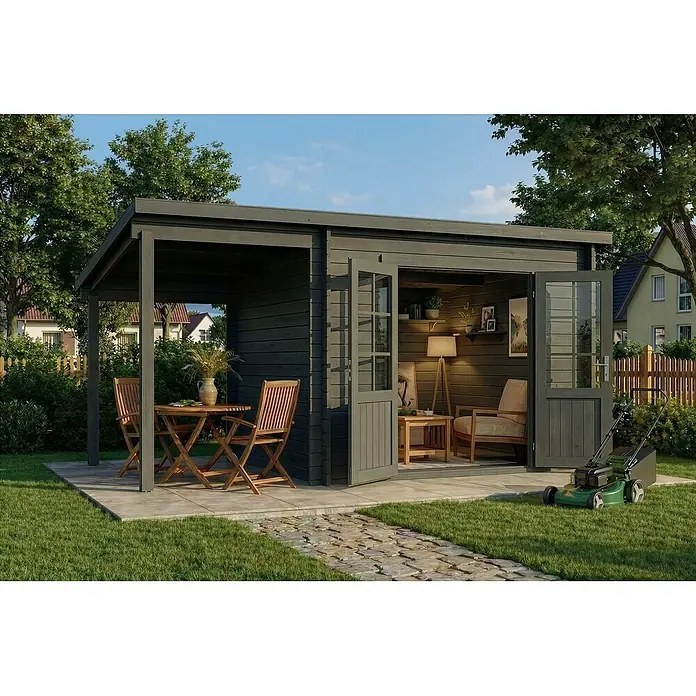 Alpholz Gartenhaus Maria - Außenmaß inkl. Dachüberstand (B x T): 450 x 272 cm, Holz, Grau - Dunkelgraues Holzgartenhaus mit integrierter Veranda und Sitzgelegenheiten sowie einem Innenbereich, im Garten.