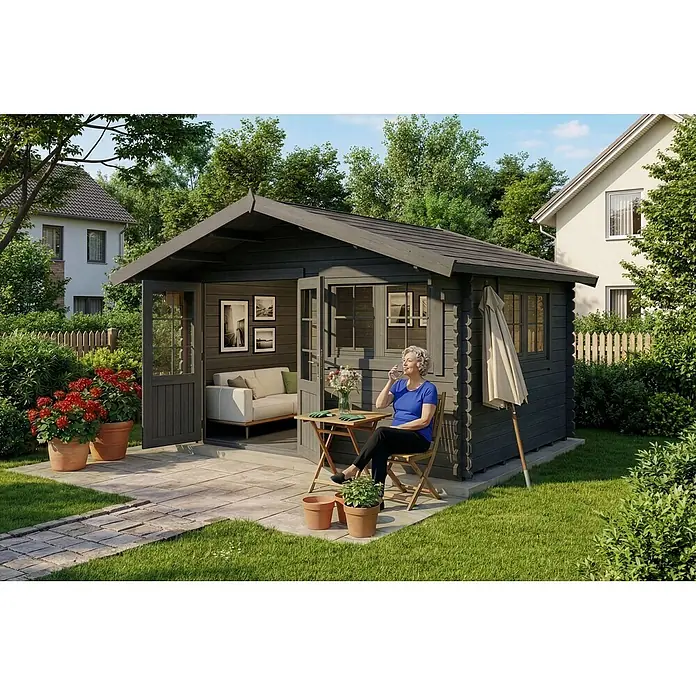 Alpholz Gartenhaus ECO Set Gabriel 400 x 300 cm grau - Außenmaß inkl. Dachüberstand (B x T): 435 x 367 cm, Holz, Grau - Dunkelgraue Holzgartenhütte mit offenem Loungebereich, in einem grünen Garten zur Entspannung genutzt.
