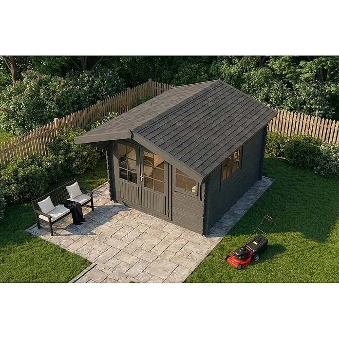 Alpholz Gartenhaus Gabriel 300 x 400 cm - Außenmaß inkl. Dachüberstand (B x T): 338 x 467 cm, Holz, Grau - Dunkelgraue Holzblockhütte mit Schindeldach, auf einer Terrasse in einem Garten mit Bank und Rasenmäher.