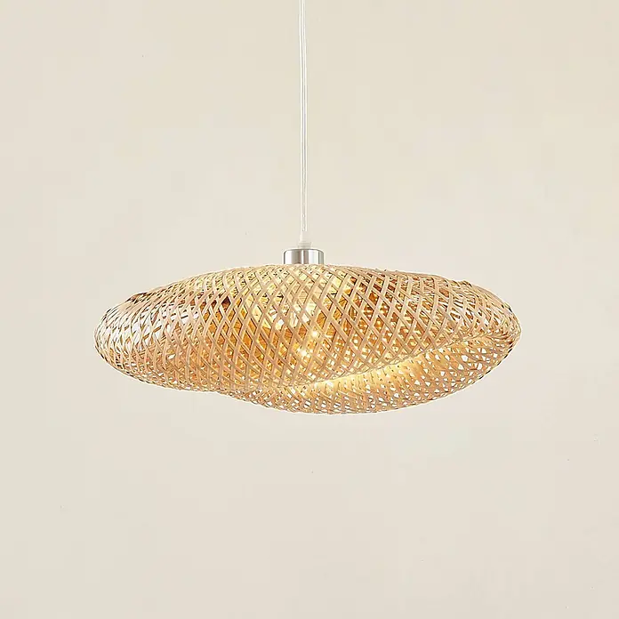 Lindby Pendelleuchte Eleane - L x B x H: 50 x 50 x 18 cm, Holz hell, bambus natur, E27 - Hängende Bambuslampe in flacher, ovaler Form mit warmem Licht.