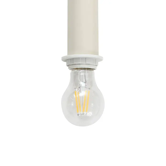 Lindby Pendelleuchte Ovelia - creme / amber, beige, E27 - LED-Glühbirne aus Klarglas mit gelben Filamenten, in eine weiße Fassung geschraubt, die an einem hellbeigen Kerzenrohr befestigt ist.