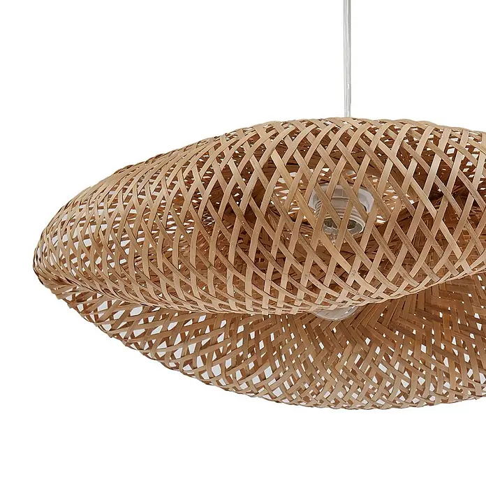 Lindby Pendelleuchte Eleane - L x B x H: 50 x 50 x 18 cm, Holz hell, bambus natur, E27 - Geflochtene Hängelampe aus Bambus mit zwei Lagen und sichtbaren Glühbirnen.