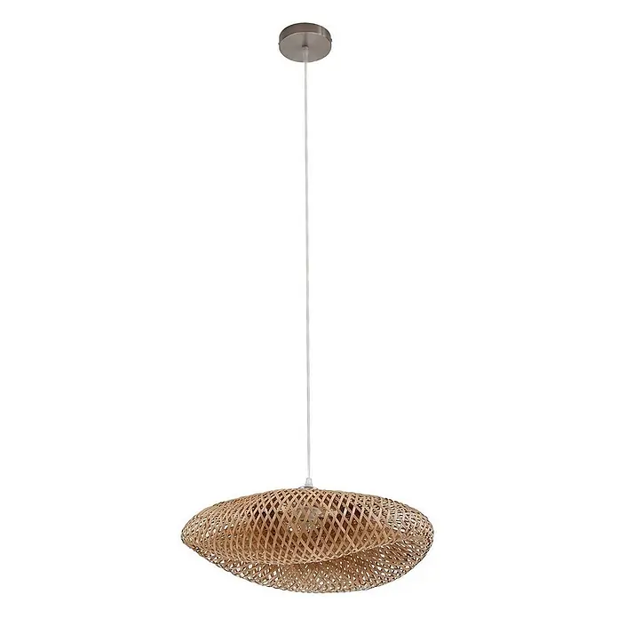 Lindby Pendelleuchte Eleane - L x B x H: 50 x 50 x 18 cm, Holz hell, bambus natur, E27 - Eine natürliche Pendelleuchte aus geflochtenem Bambus mit einem runden, flachen Schirm und einer silbernen Deckenrosette, an einem weißen Kabel.