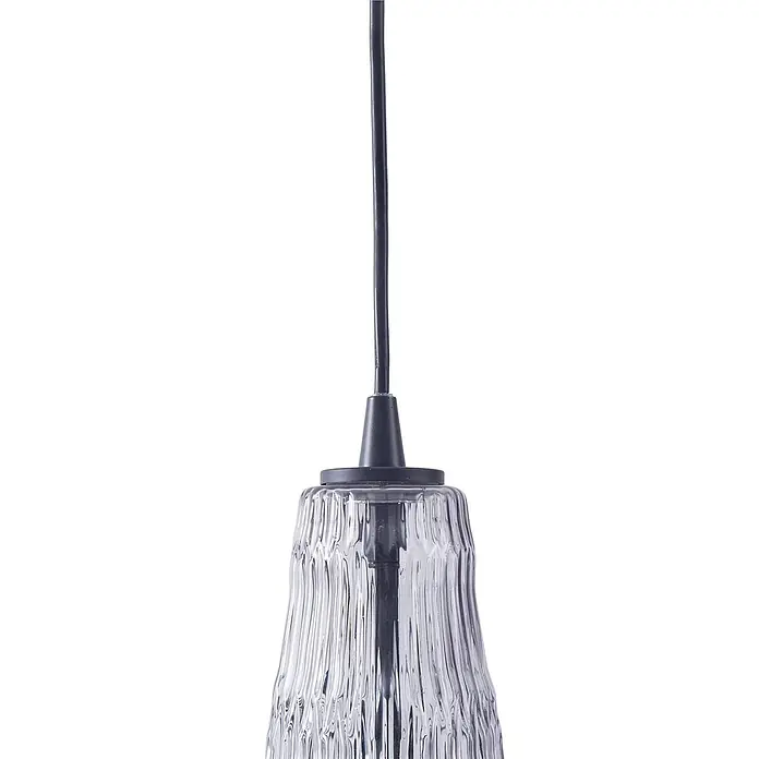 Lindby Pendelleuchte Belarion - L x B x H: 23 x 23 x 35 cm, alu / grau / zink, rauchgrau, E27 - Pendelleuchte mit klarem, geriffeltem Glasschirm und schwarzem Kabel.