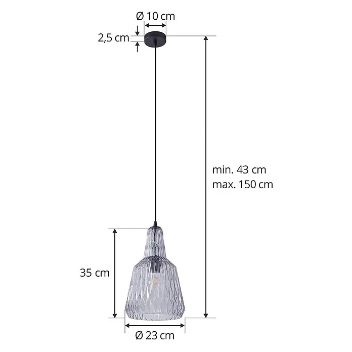 Lindby Pendelleuchte Belarion - L x B x H: 23 x 23 x 35 cm, alu / grau / zink, rauchgrau, E27 - Schwarze Pendelleuchte mit facettiertem Klarglasschirm (Ø 23 cm, H 35 cm), höhenverstellbar von 43 bis 150 cm.