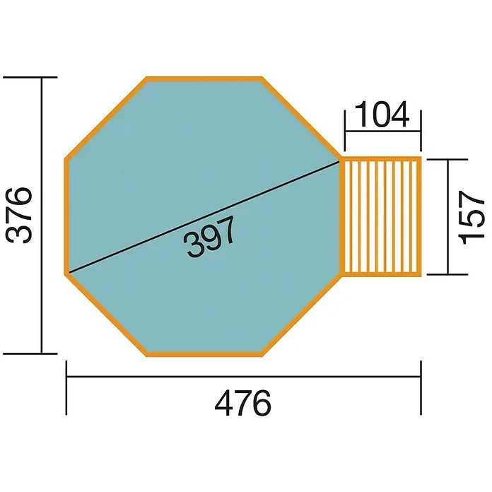 Weka Holz-Pool Acapulco I - L x B x H: 476 x 376 x 116 cm, 11.400 l - Grundriss einer achteckigen Gartenlaube mit angrenzender Terrasse und Größenangaben für die Planung.