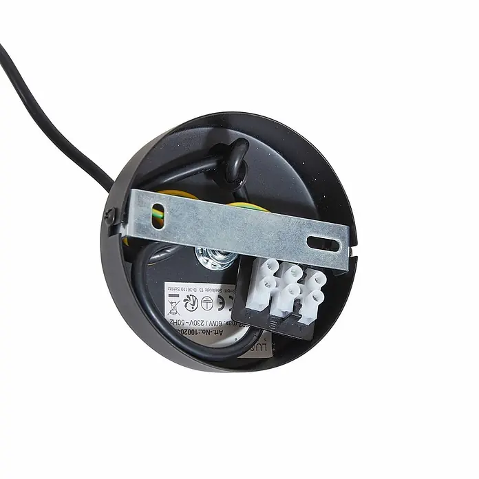 Lindby Pendelleuchte Belarion - weiß / opal, opal, E27 - Schwarzer Lampenbaldachin mit internen Verdrahtungsanschlüssen, Klemmblock und Montagehalterung. Max. 60W, 230V.