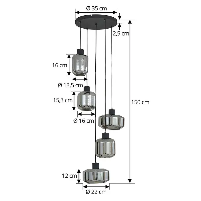 Lindby Pendelleuchte in rauchgrau transparent, schwarz matt, Hängelampe -  - Fünfflammige Pendelleuchte mit schwarzer Deckenplatte und Kabeln, mit unterschiedlichen silbernen/chromfarbenen Glasschirmen.
