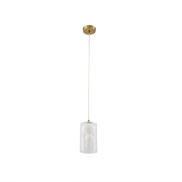 Lindby Pendelleuchte Kupla - L x B x H: 12 x 12 x 20 cm, klar / transparent, transparent, weiß, G9 - Messing-Pendelleuchte mit klarem zylindrischem Glasschirm und drei weißen Kugel-Diffusoren.