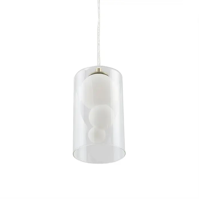 Lindby Pendelleuchte Kupla - L x B x H: 12 x 12 x 20 cm, klar / transparent, transparent, weiß, G9 - Klare zylindrische Pendelleuchte aus Glas mit drei gestapelten weißen Kugel-Diffusoren innen, an einem Kabel hängend.