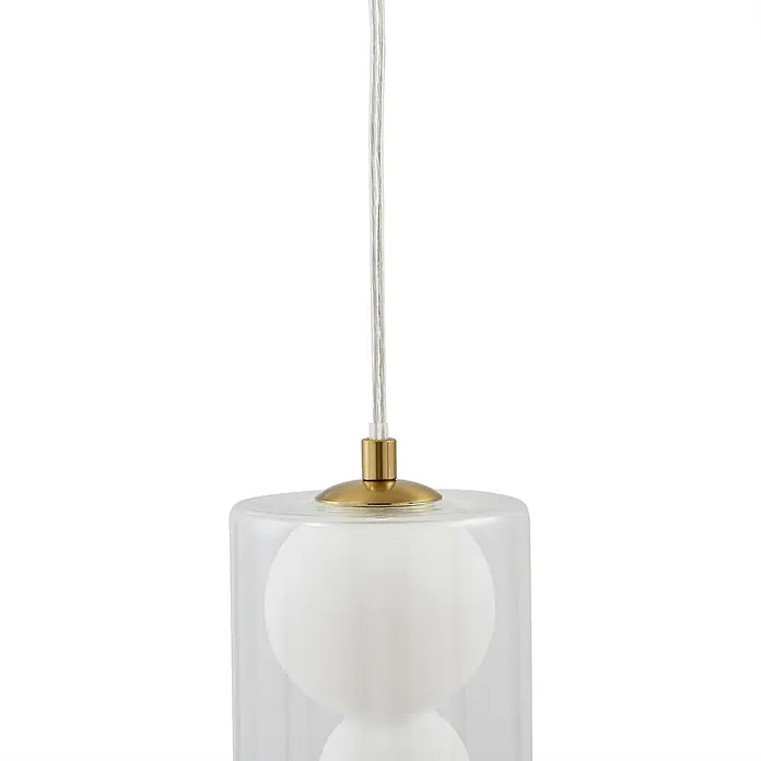 Lindby Pendelleuchte Kupla - L x B x H: 12 x 12 x 20 cm, klar / transparent, transparent, weiß, G9 - Hängelampe mit Zylinder aus Klarglas, weißem inneren Diffusor, messingfarbener Fassung und transparentem Kabel.