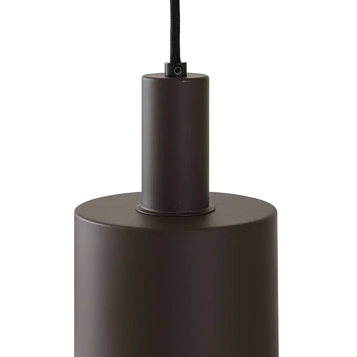 Lindby Pendelleuchte Ovelia - L x B x H: 84 x 13 x 21,5 cm, braun / rost, dunkelbraun, kaffeebraun, beige, E27 - Dunkelbraune zylindrische Metall-Pendelleuchte mit mattem Finish und schwarzem Textilkabel.