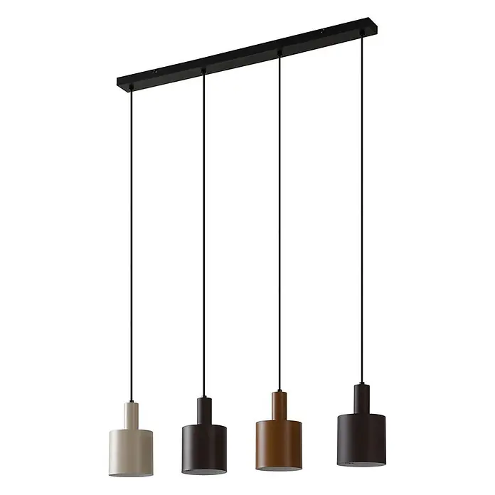 Lindby Pendelleuchte Ovelia - L x B x H: 84 x 13 x 21,5 cm, braun / rost, dunkelbraun, kaffeebraun, beige, E27 - Vierteilige Pendelleuchte mit schwarzem Balken und vier zylindrischen Schirmen in Beige, Dunkelbraun, Kupfer und Dunkelgrau.