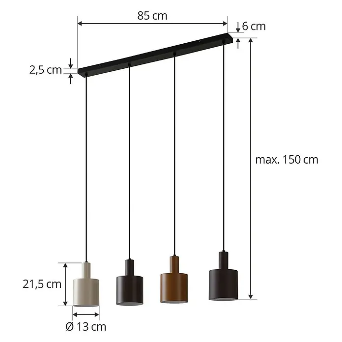 Lindby Pendelleuchte Ovelia - L x B x H: 84 x 13 x 21,5 cm, braun / rost, dunkelbraun, kaffeebraun, beige, E27 - Hängeleuchte mit schwarzer Balkenhalterung und vier zylindrischen Schirmen in Beige, Dunkelbraun und Rotbraun, höhenverstellbar.