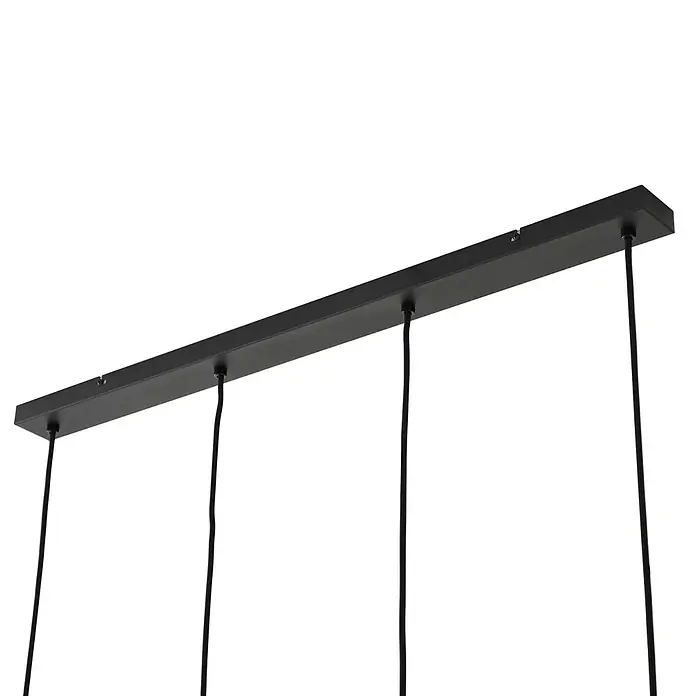 Lindby Pendelleuchte Ovelia - L x B x H: 84 x 13 x 21,5 cm, braun / rost, dunkelbraun, kaffeebraun, beige, E27 - Schwarze lineare Deckenplatte mit mehreren herabhängenden schwarzen Kabeln.