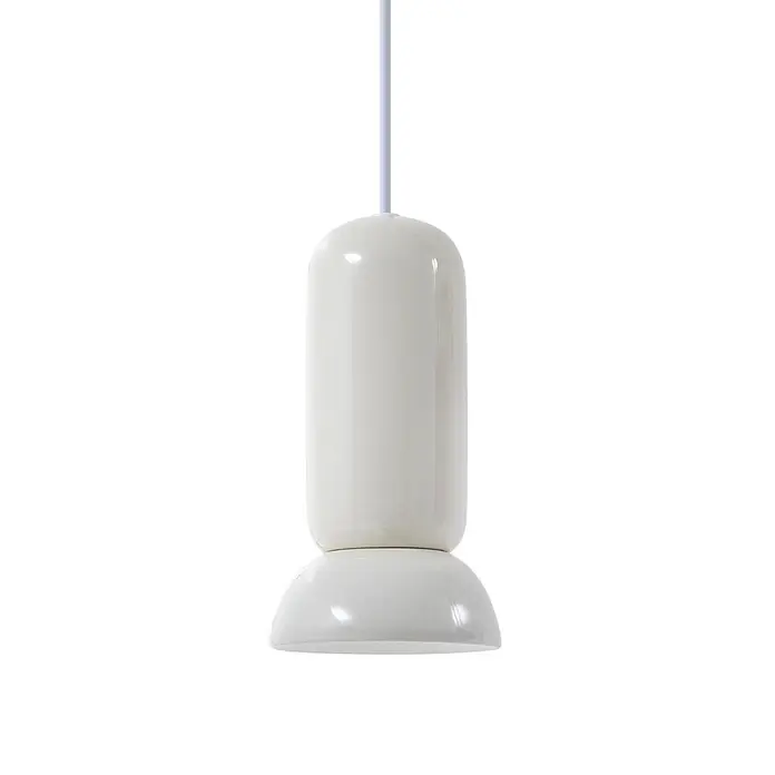 Lindby Pendelleuchte Kerimi - L x B x H: 11 x 11 x 21,5 cm, weiß / opal, creme, GU10 - Creme-farbene moderne Pendelleuchte mit zylindrischem Oberteil und halbkugelförmiger Basis.