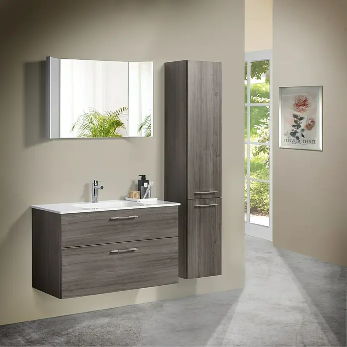 Camargue Aurinia Einbauwaschbecken - 102 x 49 cm, Weiß - Badezimmermöbel-Set mit Waschbeckenunterschrank, Spiegelschrank und Hochschrank in Holzoptik für ein modernes Badambiente.