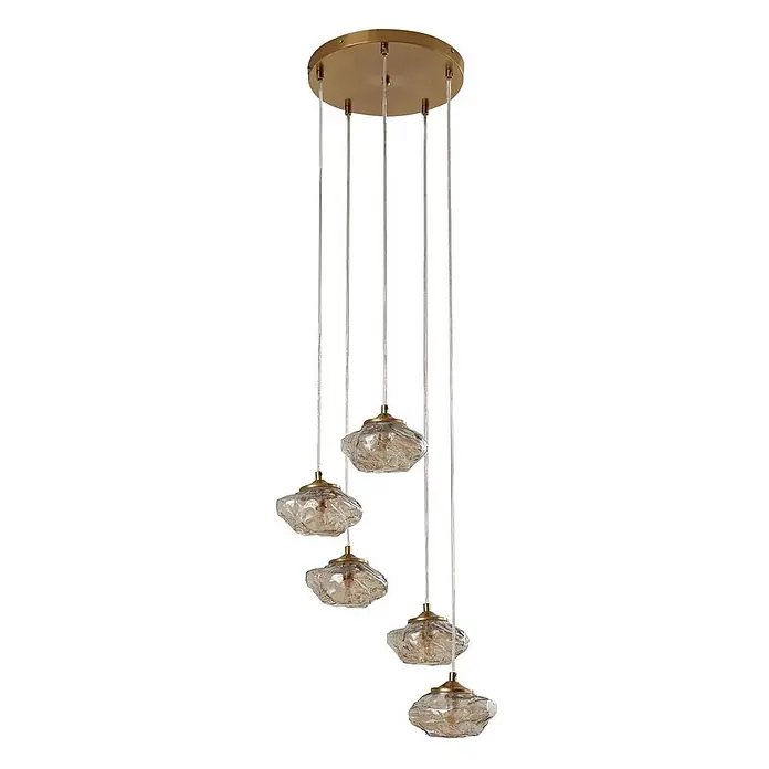 Lindby Pendelleuchte Piatra - L x B x H: 44,5 x 44,5 x 150 cm, creme / amber, amber, messing, G9 - Mehrflammige Deckenleuchte mit Goldbasis und fünf strukturierten bernsteinfarbenen Glasschirmen in verschiedenen Längen.