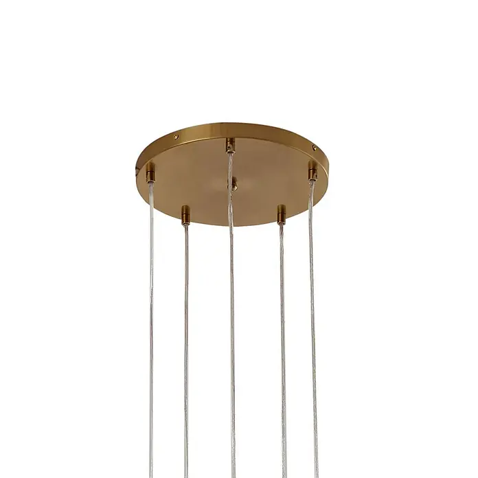 Lindby Pendelleuchte Piatra - L x B x H: 44,5 x 44,5 x 150 cm, creme / amber, amber, messing, G9 - Runde goldene Metall-Deckenrosette mit fünf transparenten Kabeln für Hängeleuchten.