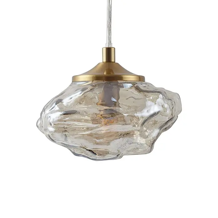 Lindby Pendelleuchte Piatra - L x B x H: 44,5 x 44,5 x 150 cm, creme / amber, amber, messing, G9 - Organisch geformte Pendelleuchte aus bernsteinfarbenem Glas mit Messingfassung.