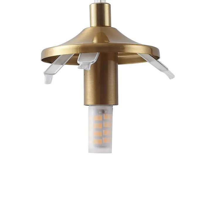 Lindby Pendelleuchte Piatra - L x B x H: 44,5 x 44,5 x 150 cm, creme / amber, amber, messing, G9 - Messingfarbene Leuchtenfassung mit transparenten Klammern und installierter G9-LED-Birne.