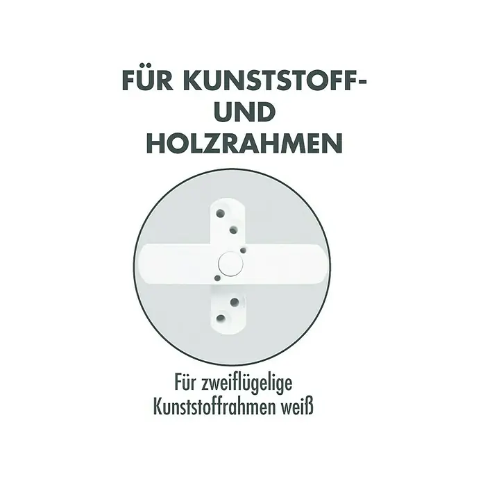 Bever Fenstersicherung Stuco Safe S21 - Zweiflügelig, Weiß - Bild von einem weißen Kunststoff- und Holzrahmenverbinder. Dieses Bauteil eignet sich ideal für zweiflügelige Kunststoffrahmen in Weiß.