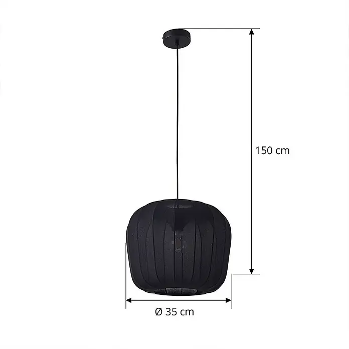 Lindby Pendelleuchte Helin - L x B x H: 35 x 35 x 30 cm, schwarz, Schwarz, E27 - Schwarze Pendelleuchte aus strukturiertem Stoff mit rundem Schirm und sichtbarer Glühbirne. Sie ist 150 cm lang und hat einen Durchmesser von 35 cm.
