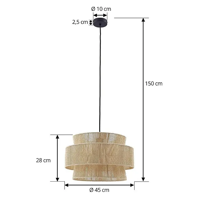 Lindby Pendelleuchte Anuva - L x B x H: 45 x 45 x 28 cm, Holz hell, natur, beige, E27 - Hängeleuchte aus Naturfaser mit schwarzem Baldachin und gestuftem Webschirm. Gesamthöhe 150 cm, Schirm Ø 45 cm.