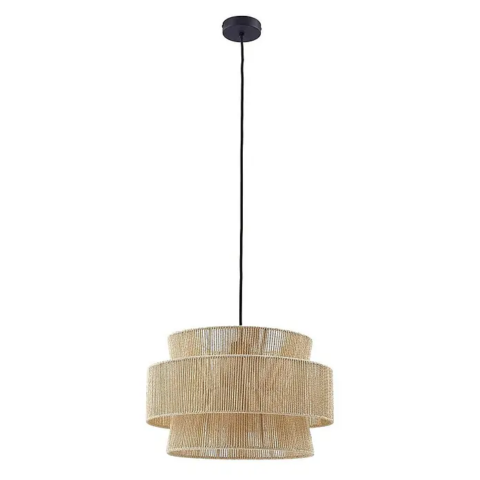 Lindby Pendelleuchte Anuva - L x B x H: 45 x 45 x 28 cm, Holz hell, natur, beige, E27 - Pendelleuchte mit gestuftem, naturfarbenem Seilschirm und schwarzer Deckenbefestigung.