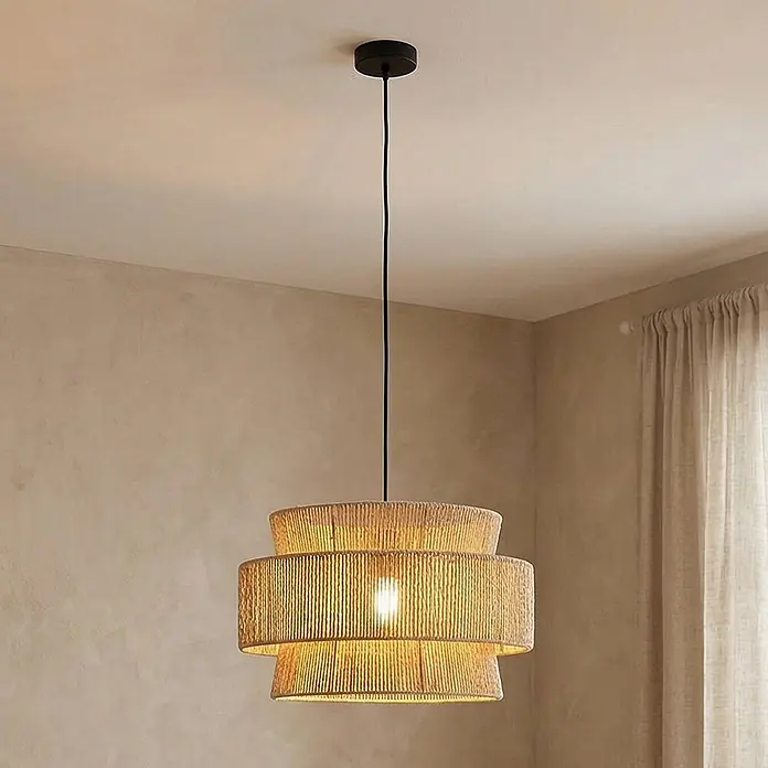 Lindby Pendelleuchte Anuva - L x B x H: 45 x 45 x 28 cm, Holz hell, natur, beige, E27 - Beleuchtete dreistufige Hängelampe aus Naturkordel, von der Decke hängend.