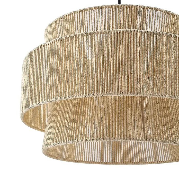 Lindby Pendelleuchte Anuva - L x B x H: 45 x 45 x 28 cm, Holz hell, natur, beige, E27 - Gestufter Pendelleuchtenschirm aus naturfarbenem, geflochtenem Raffiabast in hellem Beige.