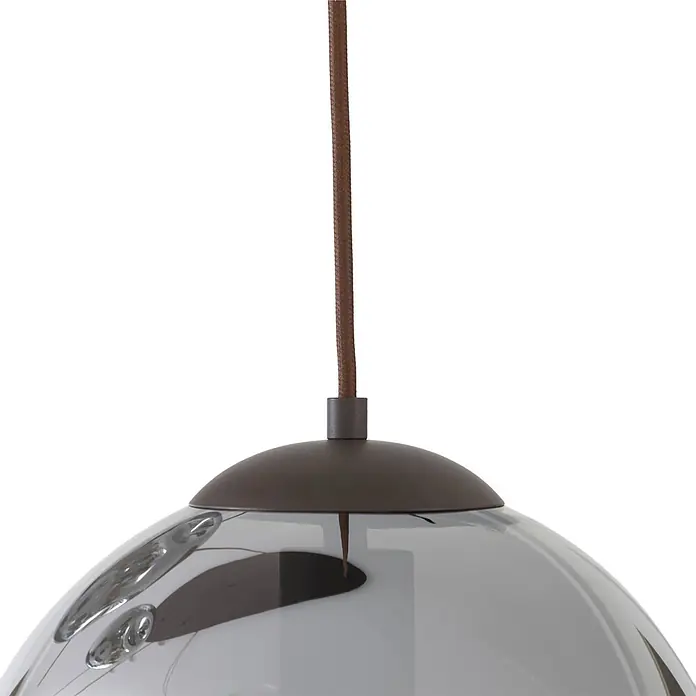 Lindby Pendelleuchte Valentina - alu / grau / zink, rauchgrau, kaffee, E27 - Hängeleuchte mit braunem Textilkabel, dunkler Metallkappe und reflektierendem Rauchglas-Schirm.
