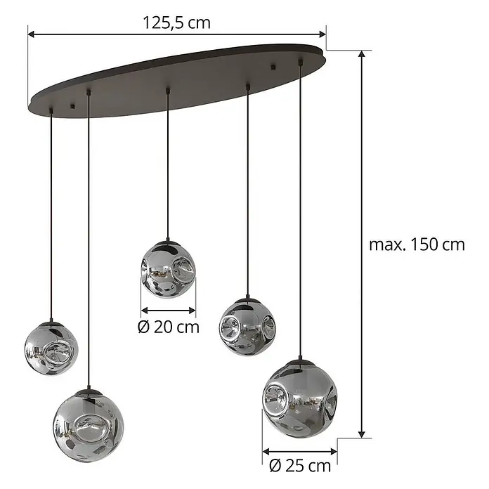 Lindby Pendelleuchte Valentina - alu / grau / zink, rauchgrau, kaffee, E27 - Fünfflammige Pendelleuchte mit chromfarbenen Kugelschirmen und ovaler dunkler Deckenplatte.
