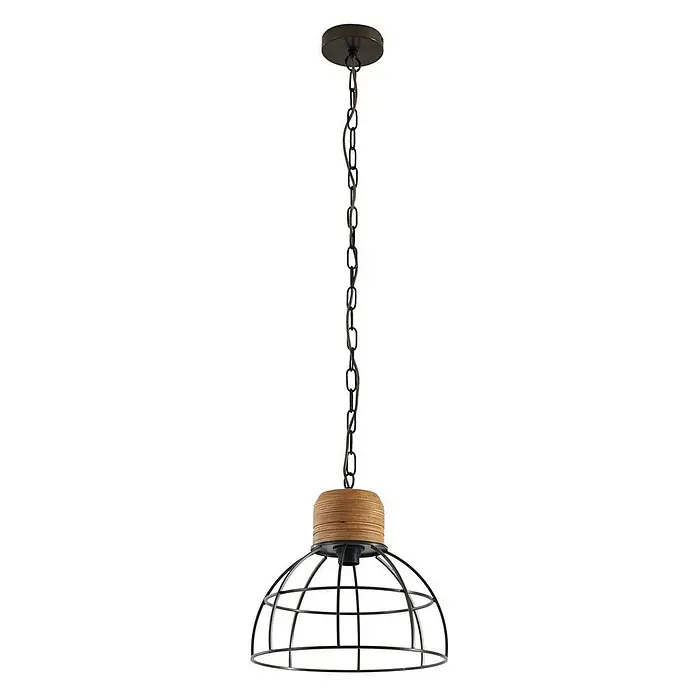 Lindby Pendelleuchte Arinthea - L x B x H: 35 x 35 x 20 cm, schwarz, Schwarz, holz hell, E27 - Industrie-Pendelleuchte mit dunkelbrauner Kette, geripptem Naturholzdetail und schwarzem Drahtgeflecht-Lampenschirm.
