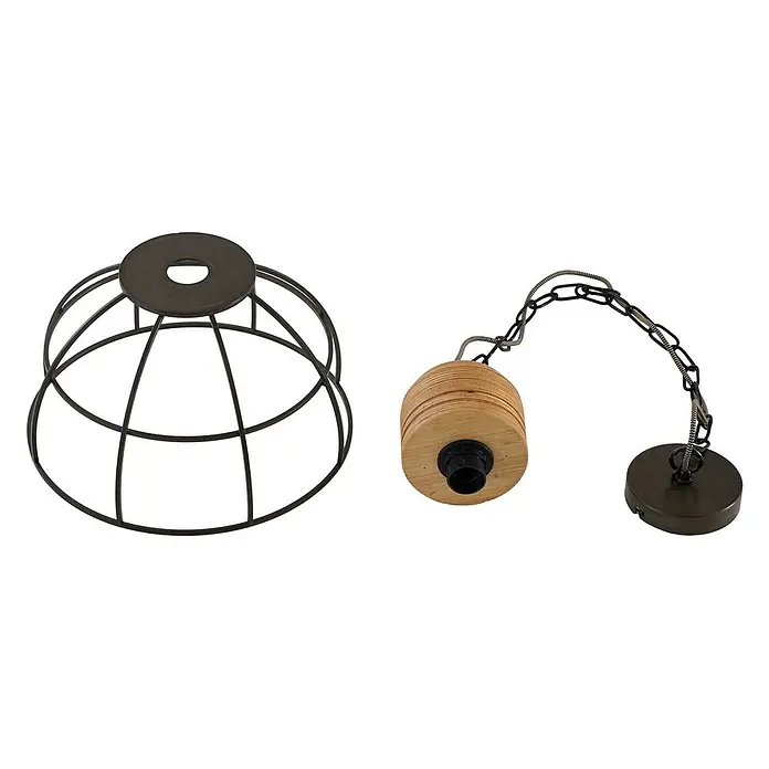 Lindby Pendelleuchte Arinthea - L x B x H: 35 x 35 x 20 cm, schwarz, Schwarz, holz hell, E27 - Teile einer Hängelampe: ein schwarzer Metallkäfig-Lampenschirm und eine Leuchtenarmatur mit Holzgehäuse und Kette.