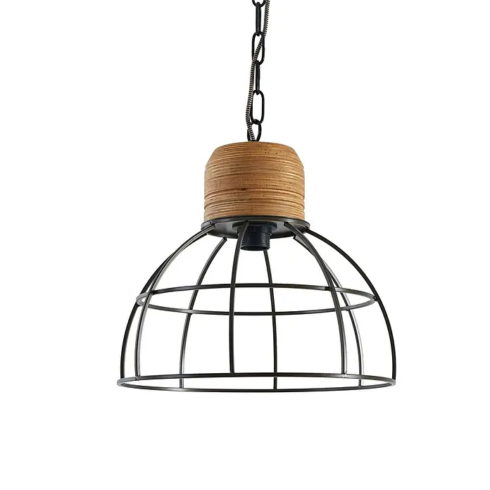 Lindby Pendelleuchte Arinthea - L x B x H: 35 x 35 x 20 cm, schwarz, Schwarz, holz hell, E27 - Pendelleuchte mit Schirm aus schwarzem Metallgitter und oberem Teil aus hellem Schichtholz.