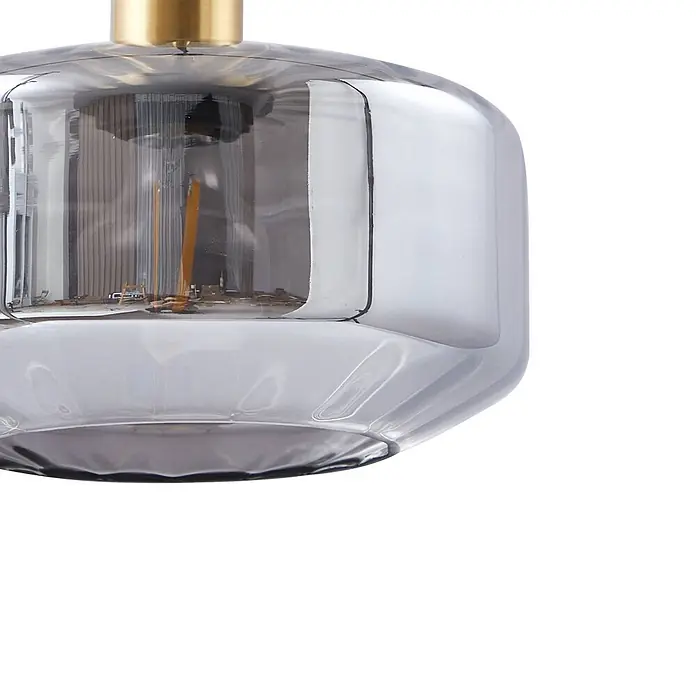 Lindby Pendelleuchte Hildur - alu / grau / zink, rauchgrau, messing, E27 - Pendelleuchte aus Rauchglas mit Messingfassung und sichtbarer Glühbirne.