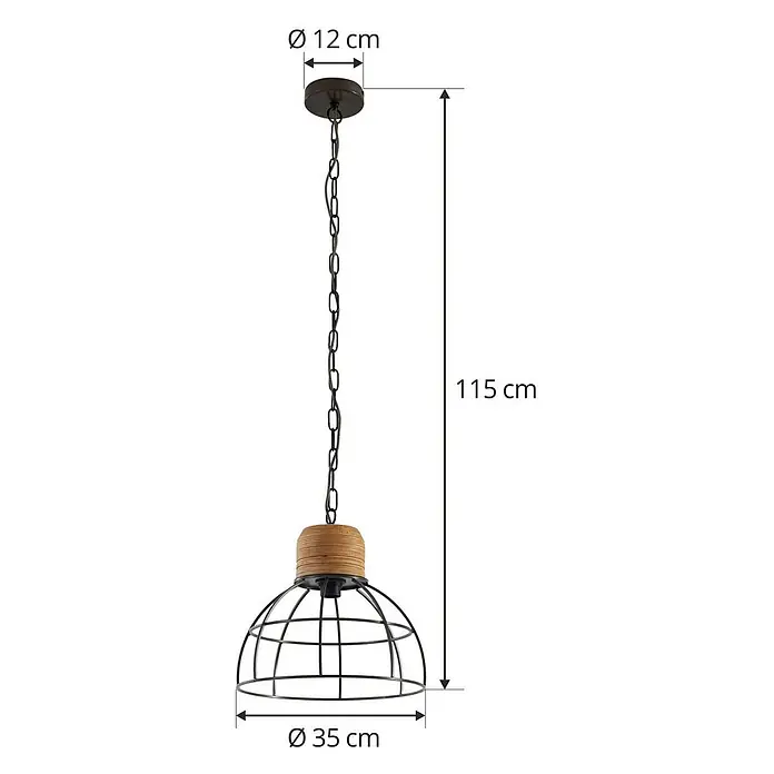 Lindby Pendelleuchte Arinthea - L x B x H: 35 x 35 x 20 cm, schwarz, Schwarz, holz hell, E27 - Schwarze Metallkäfig-Pendelleuchte mit Holz-Akzent, an einer Kette hängend. Gesamtlänge 115 cm, Schirm-Ø 35 cm.