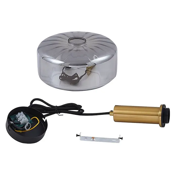 Lindby Pendelleuchte Hildur - alu / grau / zink, rauchgrau, messing, E27 - Demontierte Pendelleuchte mit Rauchglas-Schirm, schwarzem Kabel, Messingfassung und schwarzer Deckenrosette.
