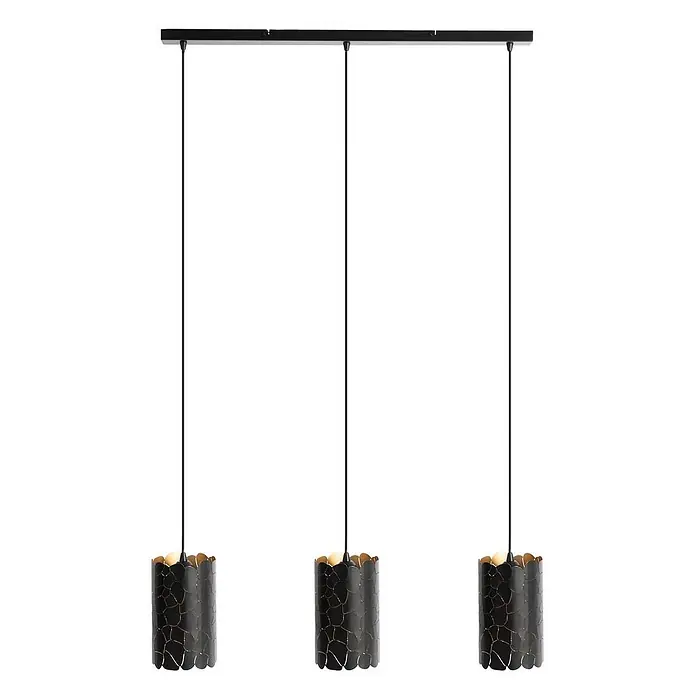 Lindby Pendelleuchte Aralena - L x B x H: 92 x 15 x 25 cm, schwarz, Schwarz, gold, E27 - Dreiflammige schwarze Pendelleuchte mit zylindrischen, strukturierten Schirmen und warm leuchtenden Birnen, an schwarzer Linearstange.