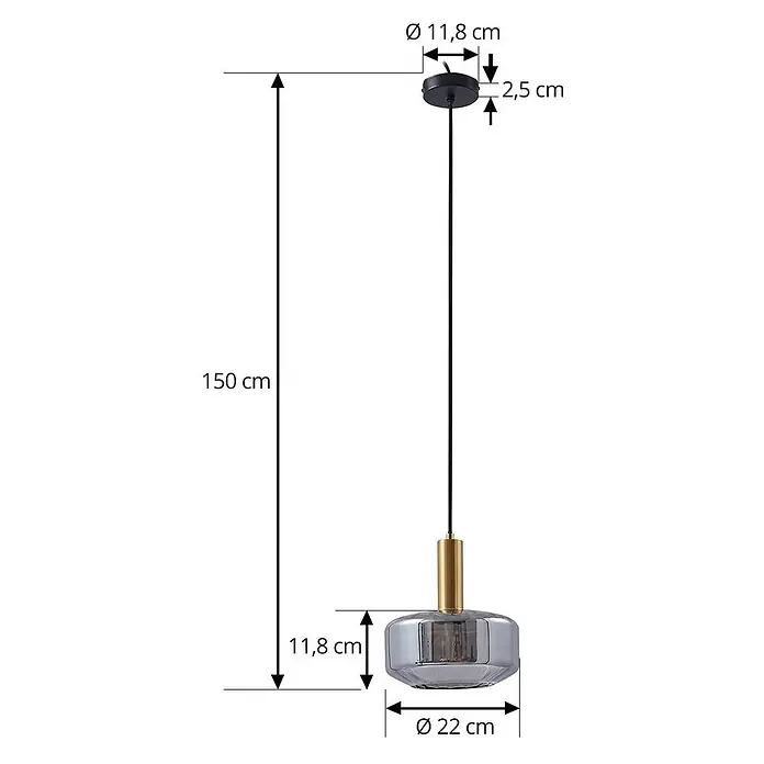 Lindby Pendelleuchte Hildur - alu / grau / zink, rauchgrau, messing, E27 - Schwarze Pendelleuchte mit rauchgrauem Glasschirm und goldenem Akzent. Gesamtlänge 150 cm, Schirm Ø 22 cm.