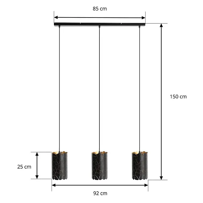 Lindby Pendelleuchte Aralena - L x B x H: 92 x 15 x 25 cm, schwarz, Schwarz, gold, E27 - Schwarze Dreiflammen-Pendelleuchte mit zylindrischen Schirmen in Gold-Cracklé-Optik. Gesamthöhe 150 cm, Breite 92 cm.