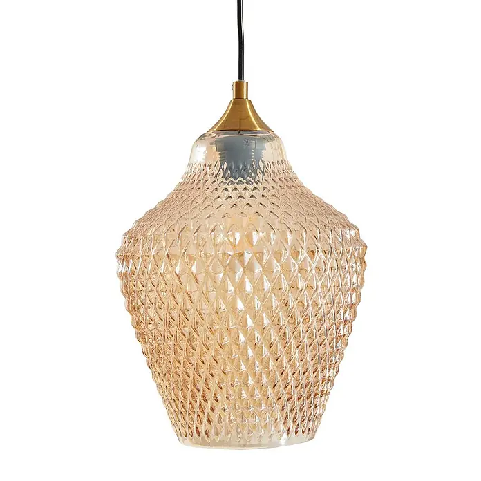 Lindby Pendelleuchte Drakar - L x B x H: 97 x 22 x 32 cm, creme / amber, amber, gold, E27 - Bernsteinfarbene Pendelleuchte aus Glas mit Rautenmuster, Messingfassung und schwarzem Kabel.