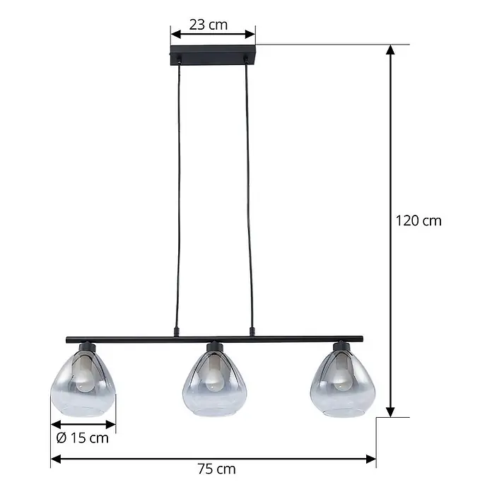 Lindby Pendelleuchte Pendura - L x B x H: 75 x 15 x 15 cm, alu / grau / zink, rauchgrau, Schwarz matt, E14 - Moderne 3-flammige Pendelleuchte mit schwarzem Gestell und rauchgrauen Glasschirmen. Gesamthöhe 120 cm.