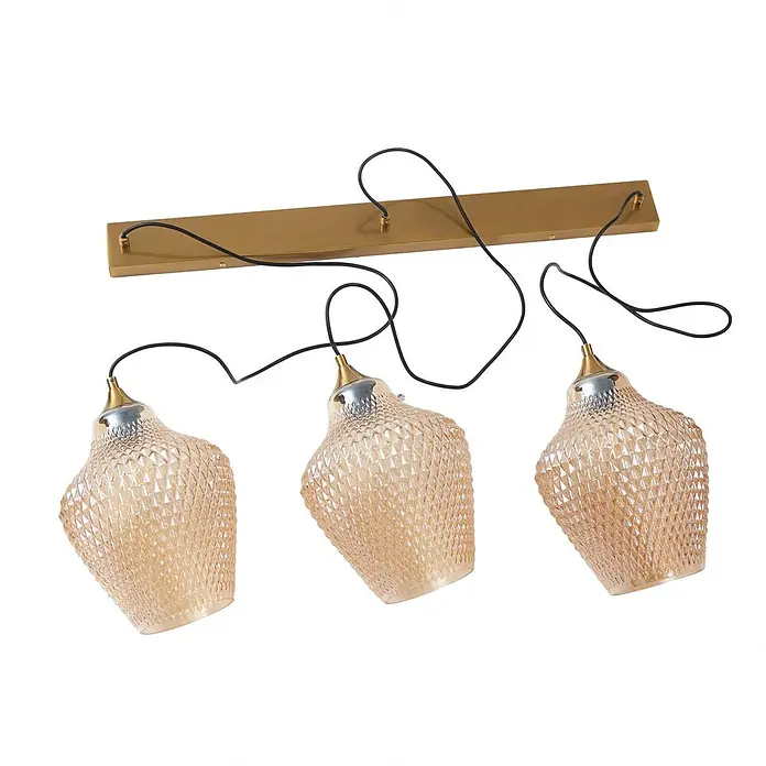 Lindby Pendelleuchte Drakar - L x B x H: 97 x 22 x 32 cm, creme / amber, amber, gold, E27 - Goldene lineare Dreifach-Pendelleuchte mit drei bernsteinfarbenen, strukturierten Glasschirmen und schwarzen Kabeln.