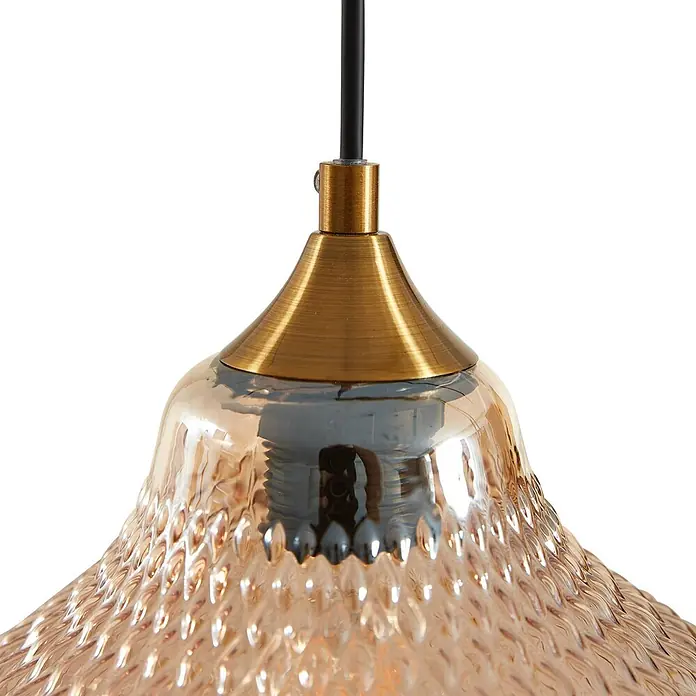 Lindby Pendelleuchte Drakar - L x B x H: 97 x 22 x 32 cm, creme / amber, amber, gold, E27 - Pendelleuchte mit Messingfassung und bernsteinfarbenem, texturiertem Glasschirm.